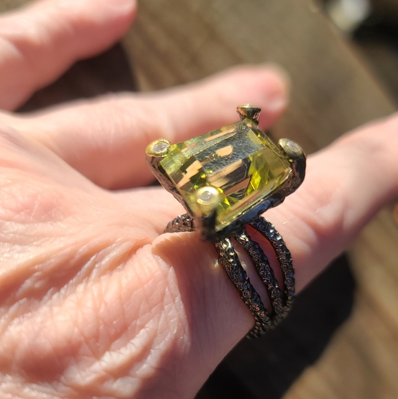 HUGE 16k biased diamond cut Natural Lemon Quarts Sterling & Rhodium ring sz8.5 - Picture 6 of 12